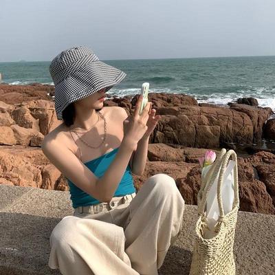 Chapeau de pêcheur à carreaux d'été pour fille Chapeau de soleil pliable pour femme Ombre de plage Chapeau de soleil protecteur d'extérieur en coton pour femme