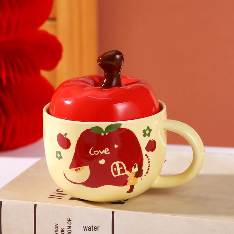 MOZHOU Cute Apple Ceramic Mug with Lid