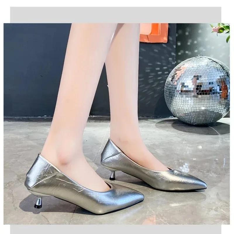 New Women's Boat Shoes Pointed Toe Pumps Kitten Heel Dress Shoes Silver Office Work Shoes for Female Black Spring Autumn