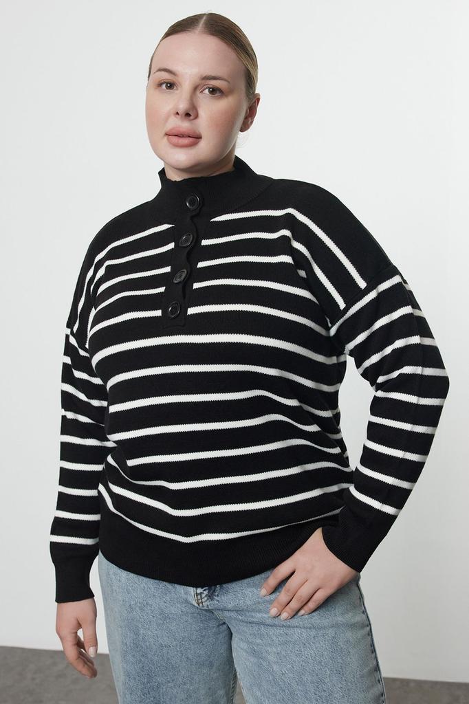 Women's Fashion Stylish Plus Size Sweater Green-Multicolor Striped Knitwear Sweater