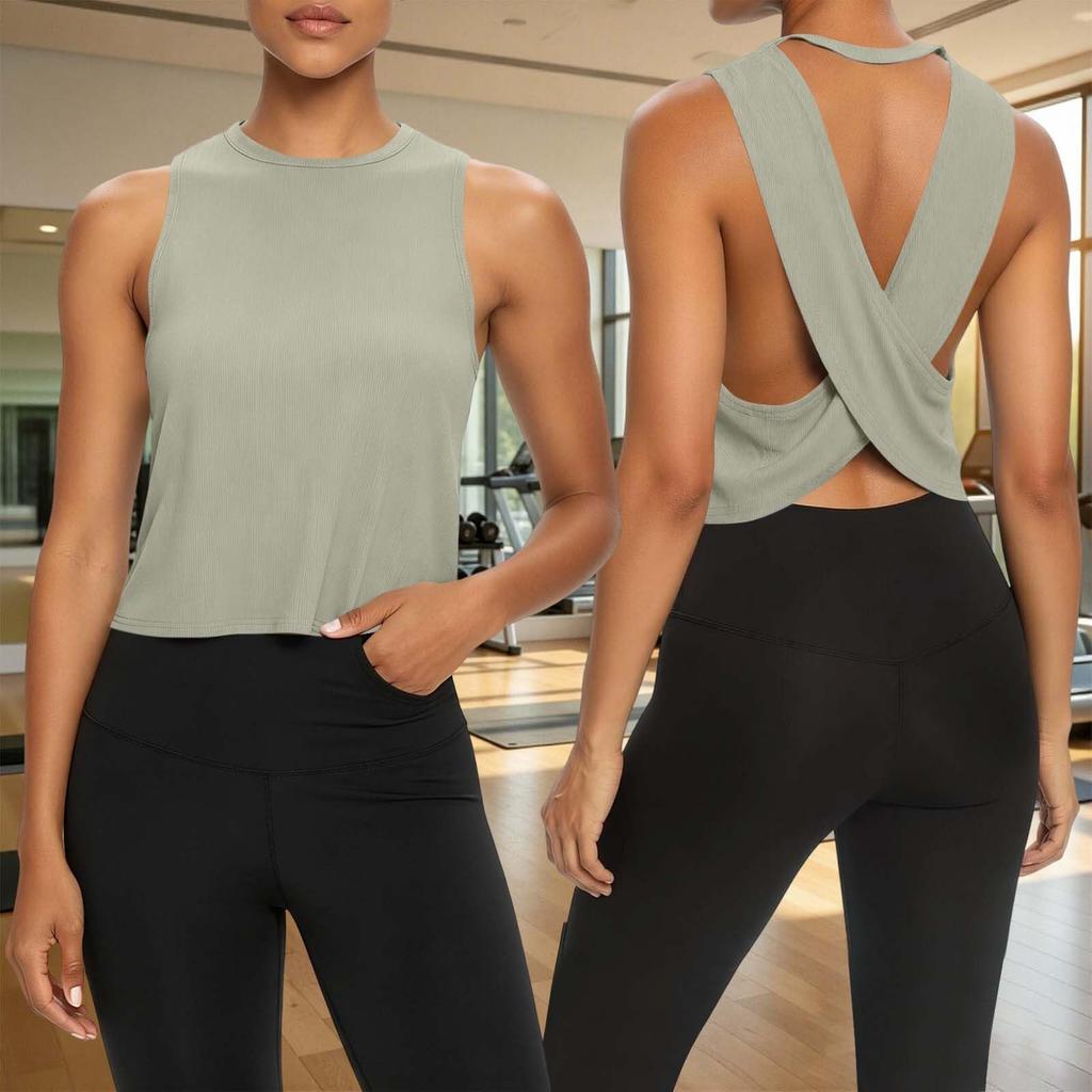Sleeveless Athletic Tank Top Cross Back Design Lightweight Breathable Fabric Stretch Fit Workout Shirt for Women Gym Running Yoga