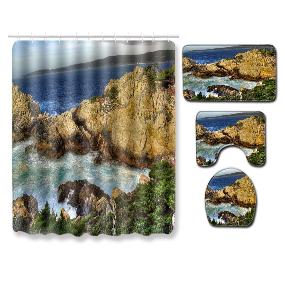 Landscape Shower Curtain Floor Mat Combination Four-Piece Set Bathroom Toilet Carpet Shower Room Mat Foot Mat