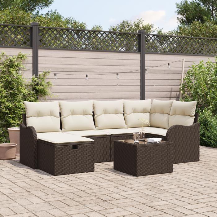 Ensemble de Canapés de Jardin vidaXL de 7 pièces avec Coussins Marron Poly Rattan, Canapé de Jardin 2 Places vidaXL 3360319