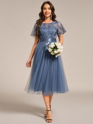 Ever-Pretty Women's Graceful Embroidery See-through Round Neck Tulle Midi-Length Bridesmaid Dresses
