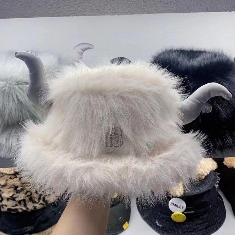 Big Black Fluffy Women's Hat Men's and Women's Winter Horn Ears Windproof and Cold Cycling Cute Cow Head Warm Plush Hat