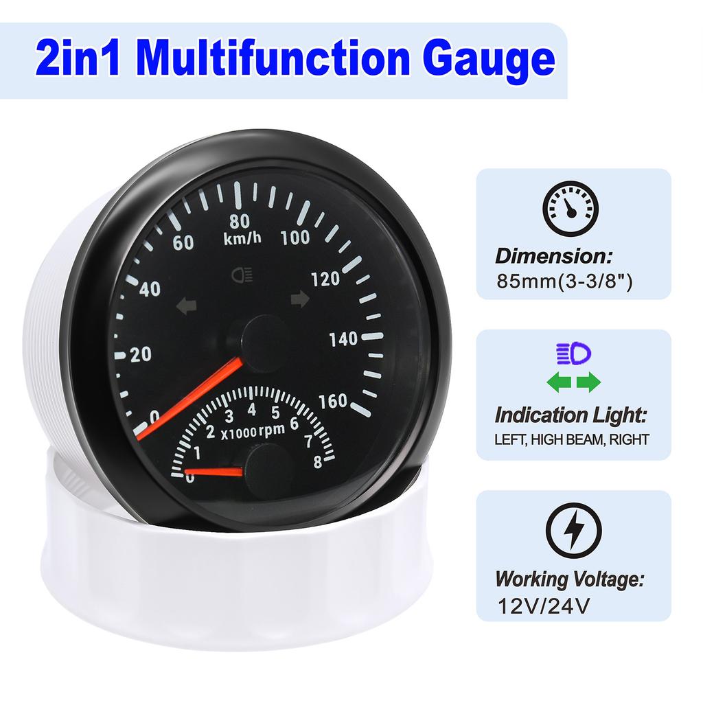 2 In 1 Multifunction Gauge IP67 Waterproof Speedometer With Tachometer Red Backlight for 12V 24V Universal Car Boat Speed Meter