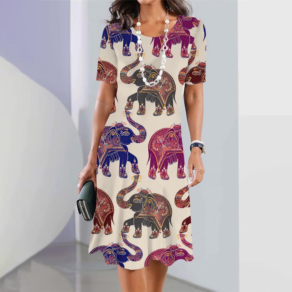 Neue Kleider mit Elefanten-Print für Damen, elegante Midi-Kleider, Sommerkleid mit kurzen Ärmeln, modische Übergröße