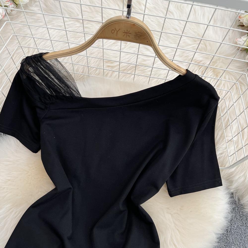 Fashion Suit Women Slanted Collar Off-Shoulder Slim Short Top Two Piece High Waist Irregular Mesh Skirt
