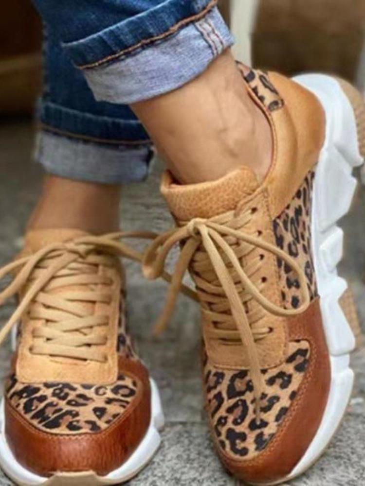 Fashion Platform Sneakers Women 2025 Round Toe Low-top Leopard Wedge Shoes Women's Size 43 Lace Up Socofy Casual Sports Shoes