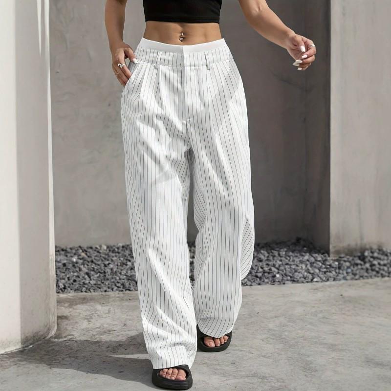 Womens High-Waisted Wide-Leg Striped Trousers Lightweight Office Chic Straight Cut Casual Pants