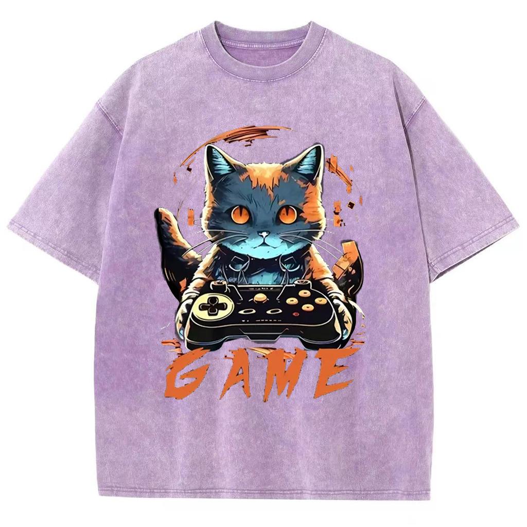 Summer Unisex T-Shirt Y2K Oversized Game Monogram Print Wash Neutral Short Sleeve Casual Trend Outfit Men