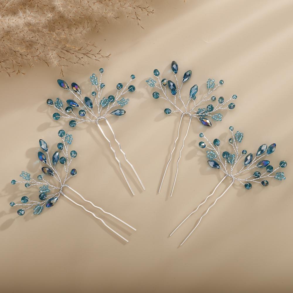 Black Wedding Head Jewelry Pink Hairpins Crystal Headwear Red Women Bridal Hair Accessories Blue Bridesmaids Headpieces 4PCS