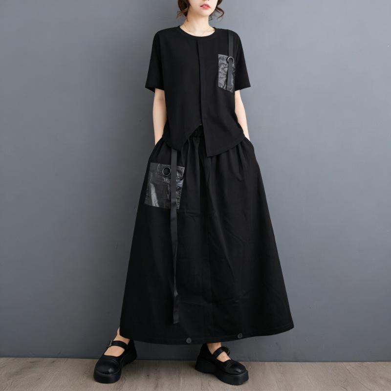 

Unique Summer Pocket Design Dark Style Top & Loose Casual Skirt Set One Size