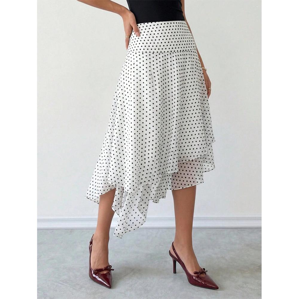 Women s Chiffon Polka Dots Midi Skirt Asymmetrical Layered Flowy Summer Skirts S