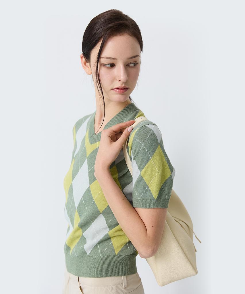 SHINE ON YOU Linen Cotton Argyle Pattern V-Neck Short Sleeve Knit - Olive Lime