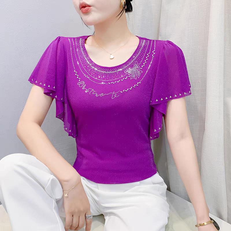 Summer New Elegant O-Neck Short Sleeved Mesh T-shirt Fashion Ruffles Hot Diamonds Women's Tees Chic Butterfly Sleeve Casual Tops