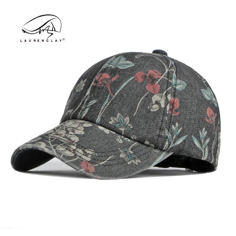 

Spring and summer personalized print flower baseball cap women s outdoor sunscreen sunshade washed denim cap soft top Adjustable чёрный