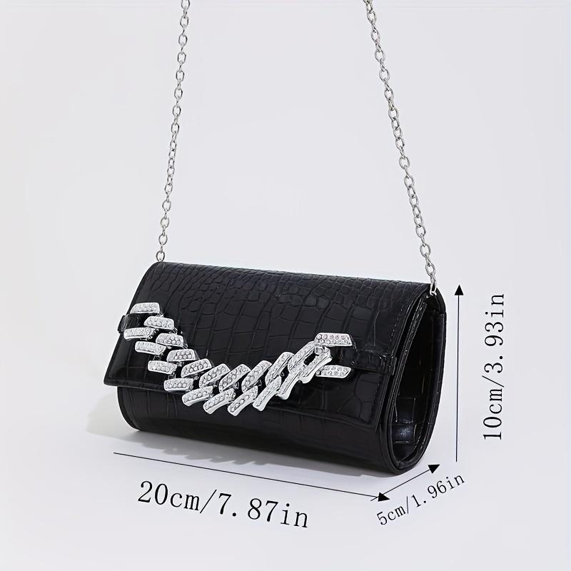 Cross-Border New Shiny Rhinestone Cuban Chain PU Crocodile Pattern Niche Clutch Chain Party Party Women'S Dinner Bag