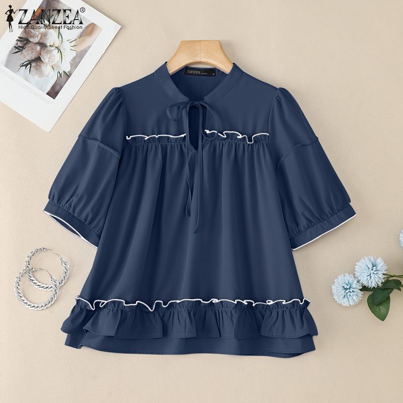 ZANZEA Women Lace Up Round Neck Casual Short Sleeve Blouse