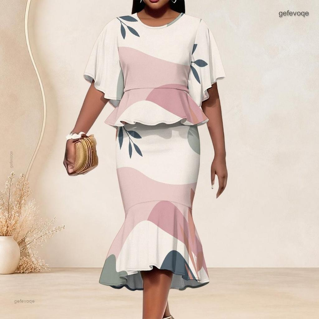 Women Plus Size Printed Round Neck Batwing Short Sleeve Ruffle Hem Top Fishtail Skirt Two Piece Set