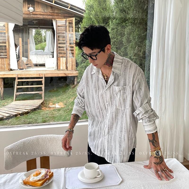 Men Striped Textured Long Sleeve Shirt Casual Loose Fit Breathable Spring Autumn Daily Shirt