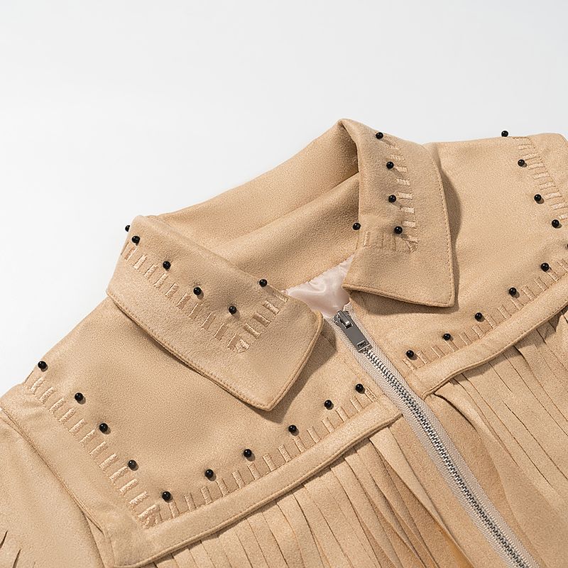 Kaslead New Women clothes Western Style Fashion Simple Tassel Leather Coat Imitated Chamois Pu Jacket