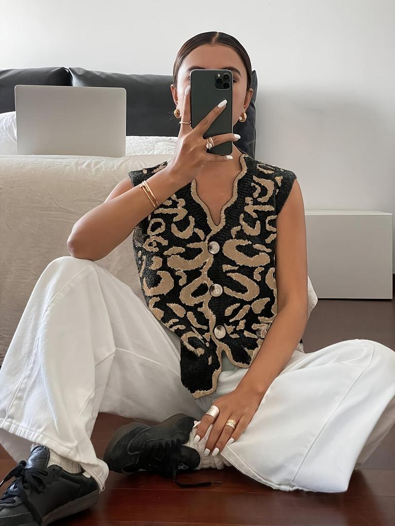 Dámská pletená vesta s výstřihem do V a jednořadým zapínáním - Volný, všestranný svetr bez rukávů na podzim/zimu