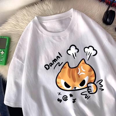New Graphic TShirt The Angry Cat Printed Roundneck  and Womens Top Clothing Fashion Summer Women Clothing Cartoon Ladies