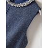 Super White Navy Blue Vest Dress! Elegance Women's Large Rhinestone Round Neck Small A- Line Woolen Dress Fall and Winter