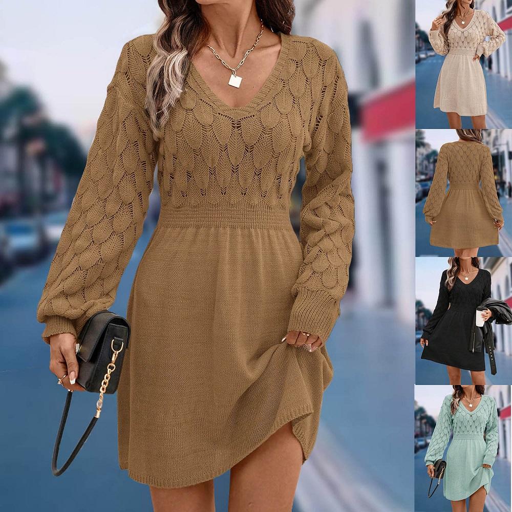 LYRIA Women Autumn Winter Sweater Dresses V-neck 3D Crochet Knitted Long Pullovers Sweaters Dress
