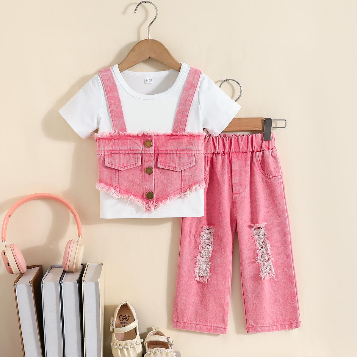 

3PCS Baby Girls Denim Cami Top, Basic Tee & Ripped Pants Set, Casual Summer Outfit 6-9M конфеты розовый