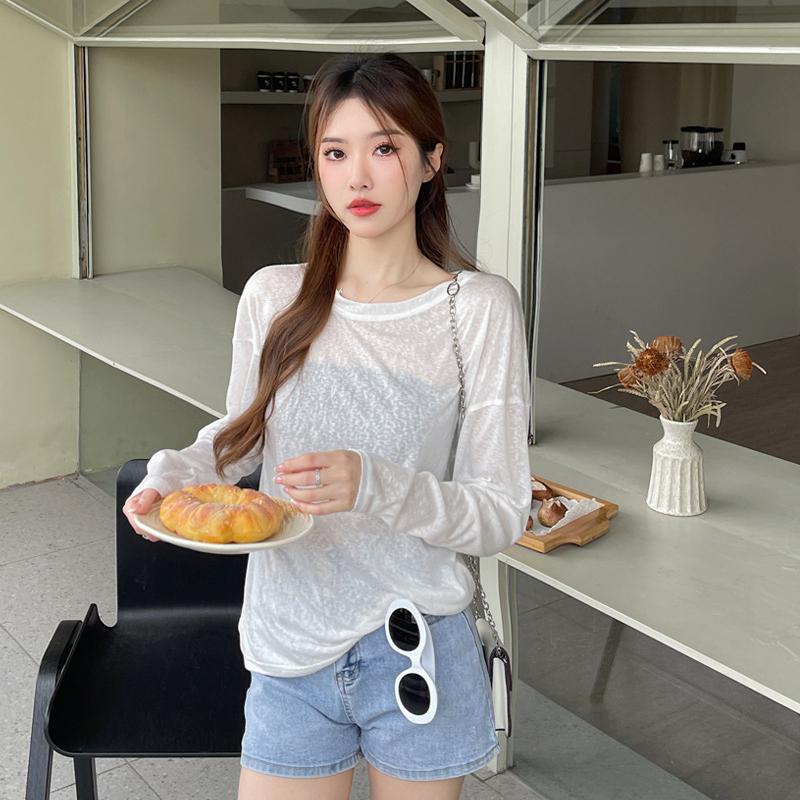 Summer Women's Loose Long Sleeve Blouse Bottom Shirt Thin Round Neck Sun Shirt Pullover Air Conditioner Hoodie