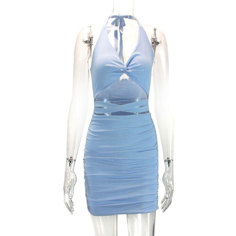 

Outfitgirl Fashion Wind Cut Out Niche Style Halterneck Backless Dress Small Elastic Tight Sheath Short Dress Light blue L