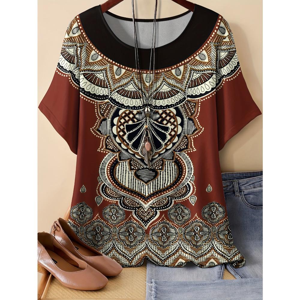 Summer Women's Vintage Style Flower Round Neck T-shirt 3D Printed Short Sleeved Fashionable Comfortable Soft Breathable Large Loose T-shirt