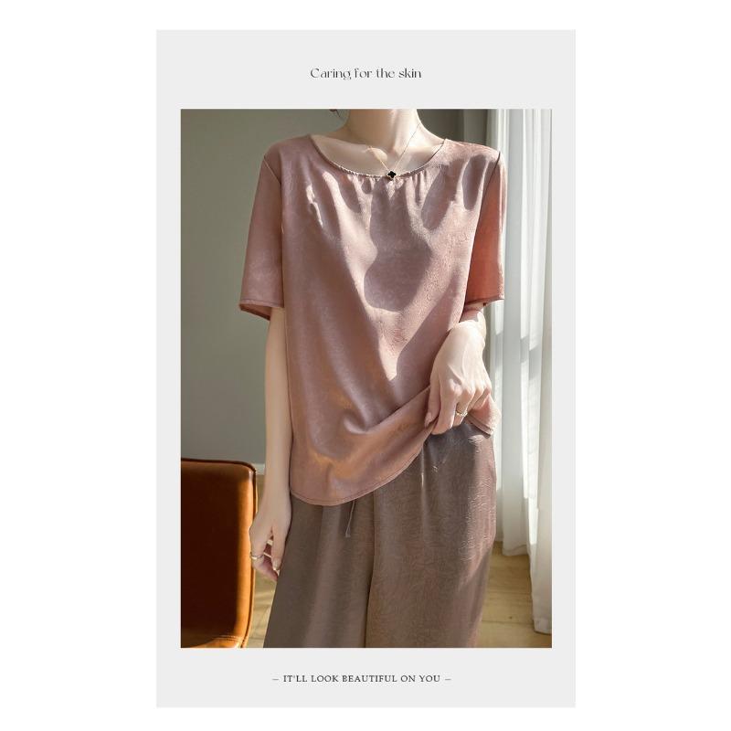 Summer Women's Silk T-shirt Round Neck Short Temperament Large Size Short-sleeved T-shirt Tops