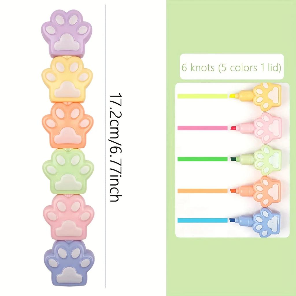 6 Pcs Cat Claw Highlighters Cute Cartoon Pens Aesthetic Markers Journaling Bookmarks Hand Account Scrapbook Painting