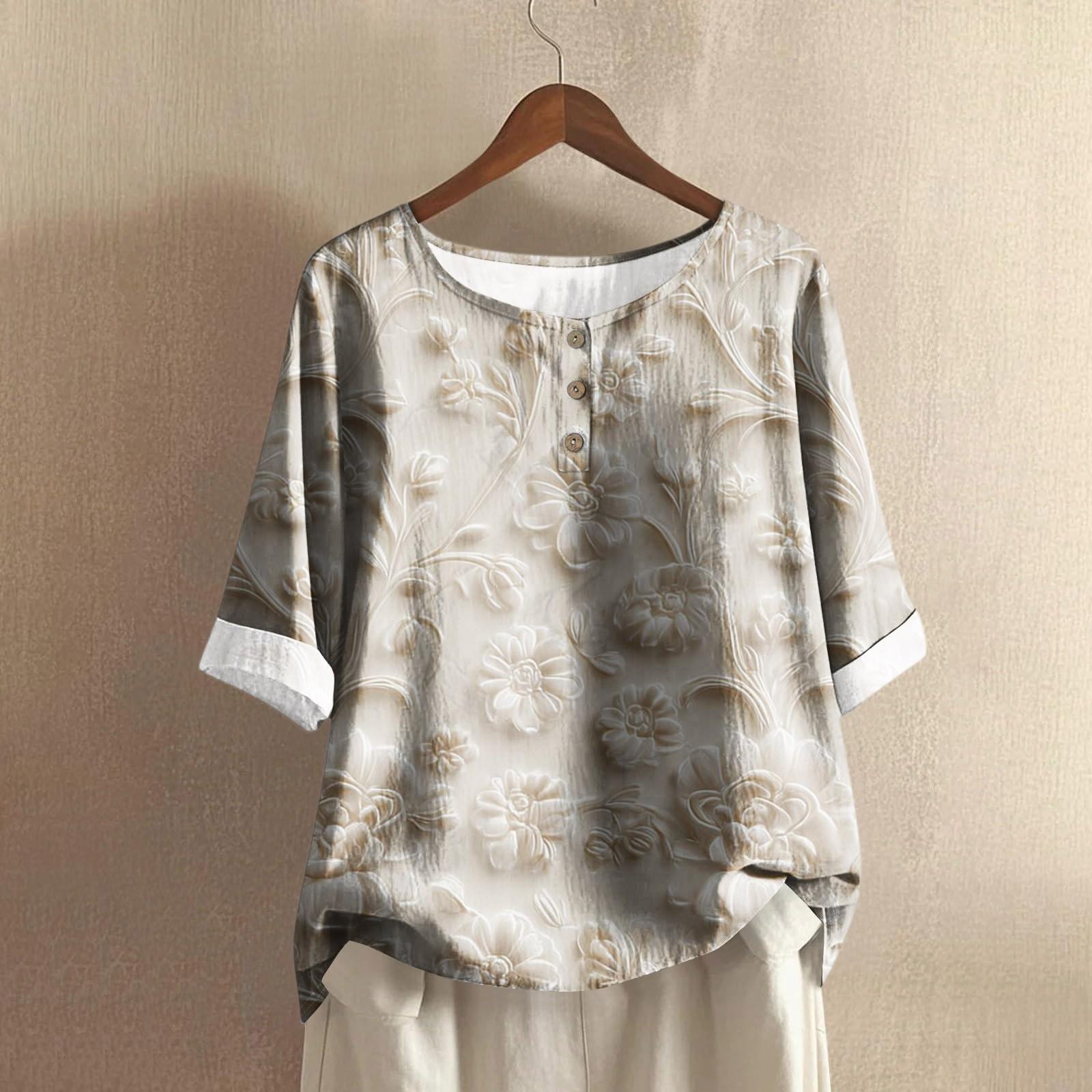 

Женская модная и повседневная рубашка с полурукавом, круглым вырезом, принтом, из хлопка и льна, блузка-топ S