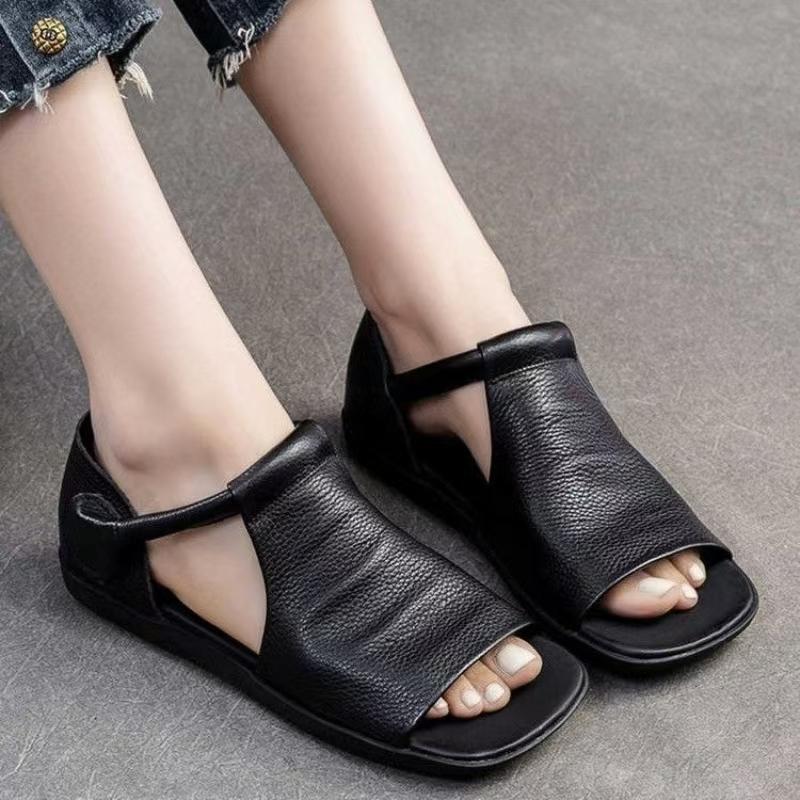 Women's Leather Hollow Out Flat Sole Peep Toe Sandals Soft Sole Non Slip Summer New Lightweight Velcro Outdoor Beach Sandals