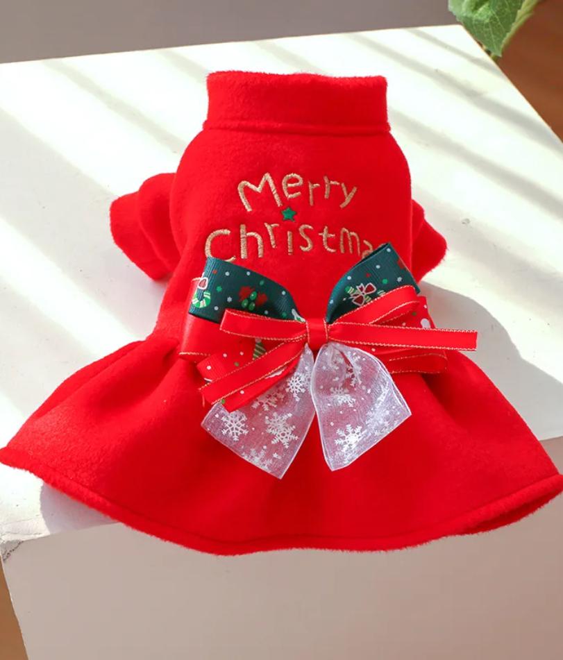 Christmas Dog Princess Dress Autumn Winter Warm Fleece Skirt Christmas Elements Bow Tie Dress Up Small Dog Cosplay Costume