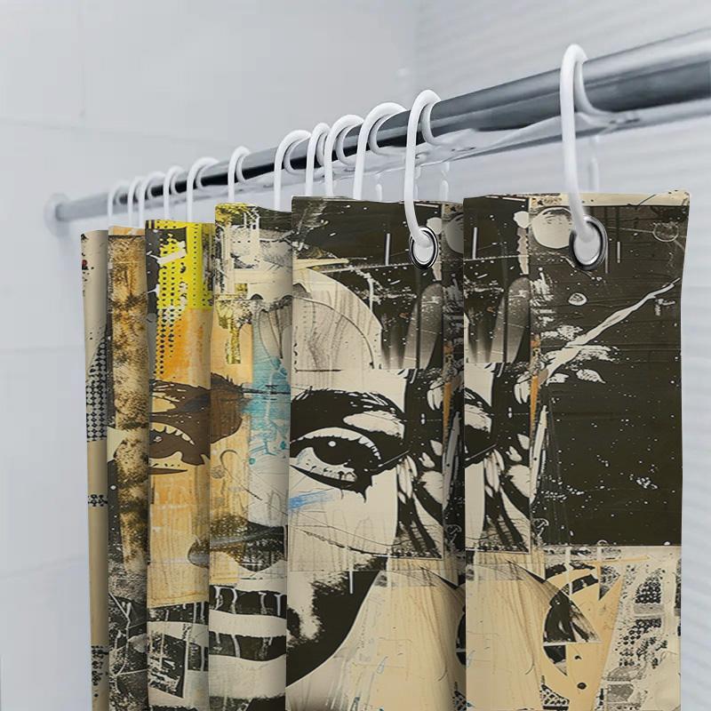 Modern Abstract Print Shower Curtain Black And Beige Color Blocks With Woman'S Face Design Bathroom Decor For Home Decoration In