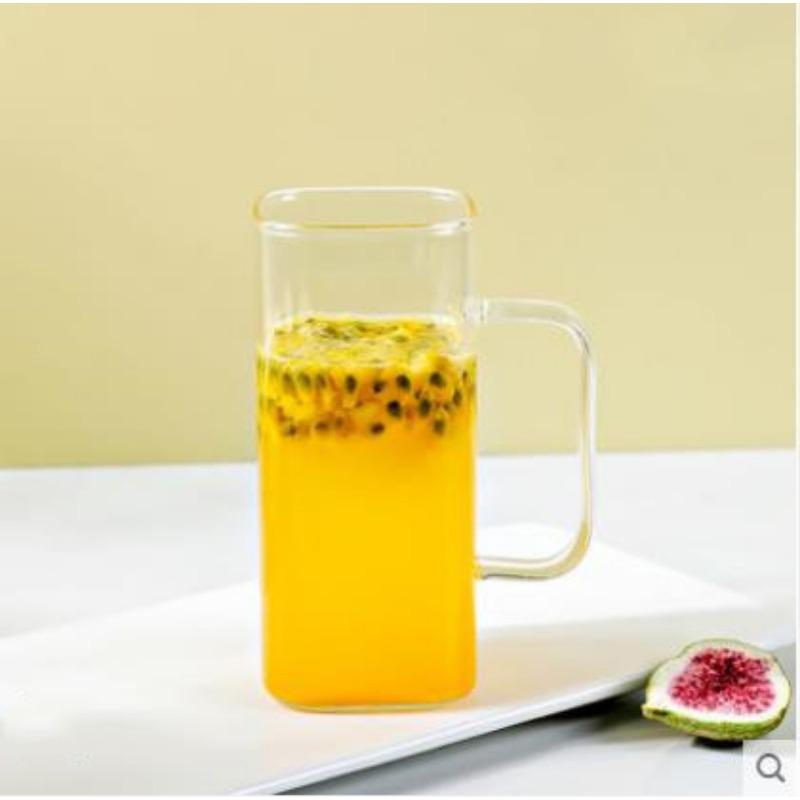 High Value Glass Straw Cup with Cover  Square Color Handle Transparent Glass Milk Tea Flat Bottom Single Layer Cup