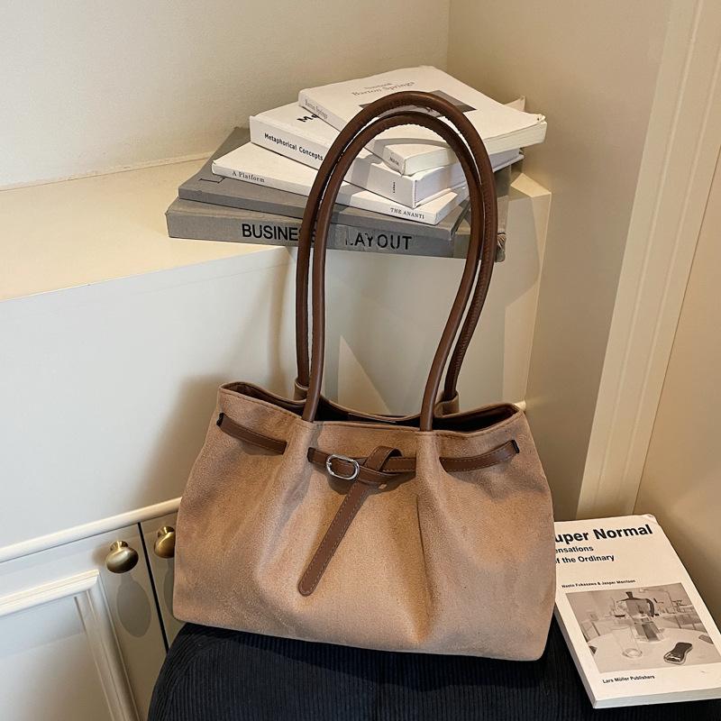 Autumn Suede Tote Bag For Women, Large Capacity Buckle Shoulder Handbag, Casual Work Commuter Purse