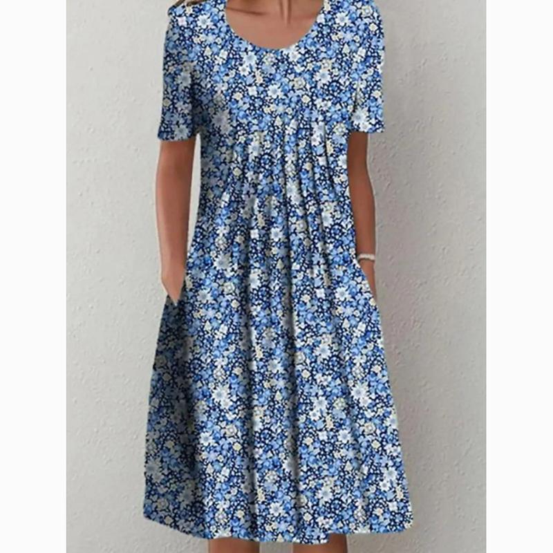 Spring Summer Floral Print Plus Size Casual Dress for Women Elegant A Line Loose Long Dress Female Pocket Round Neck Dresses 24063