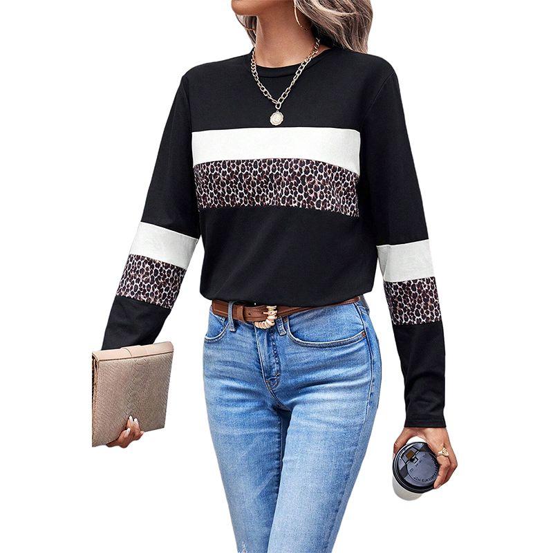 European and American Commuter Versatile Leopard Print Color Matching Long sleeves Shirt Women 2025 Autumn New Loose O-neck pullover Top