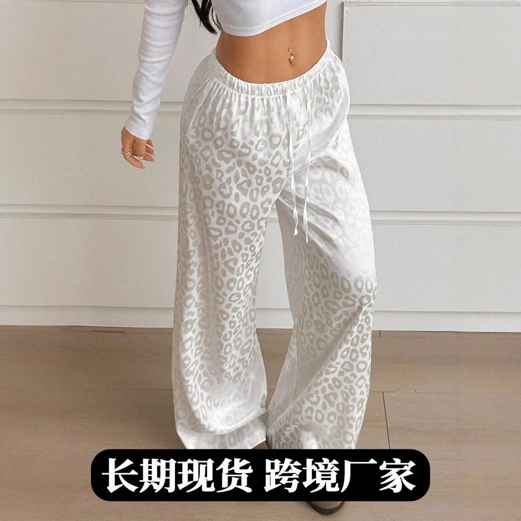 Women Brown Leopard Print Satin High Waist Drawstring Wide Leg Pants