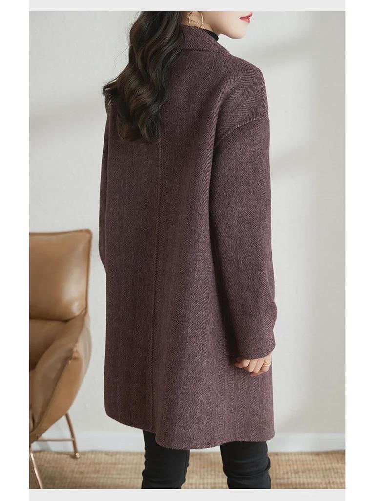 Palton de lână cu model herringbone pentru femei, cu guler de costum, stil coreean, mediu-lung, îngroșat, pentru toamna/iarna 2023.