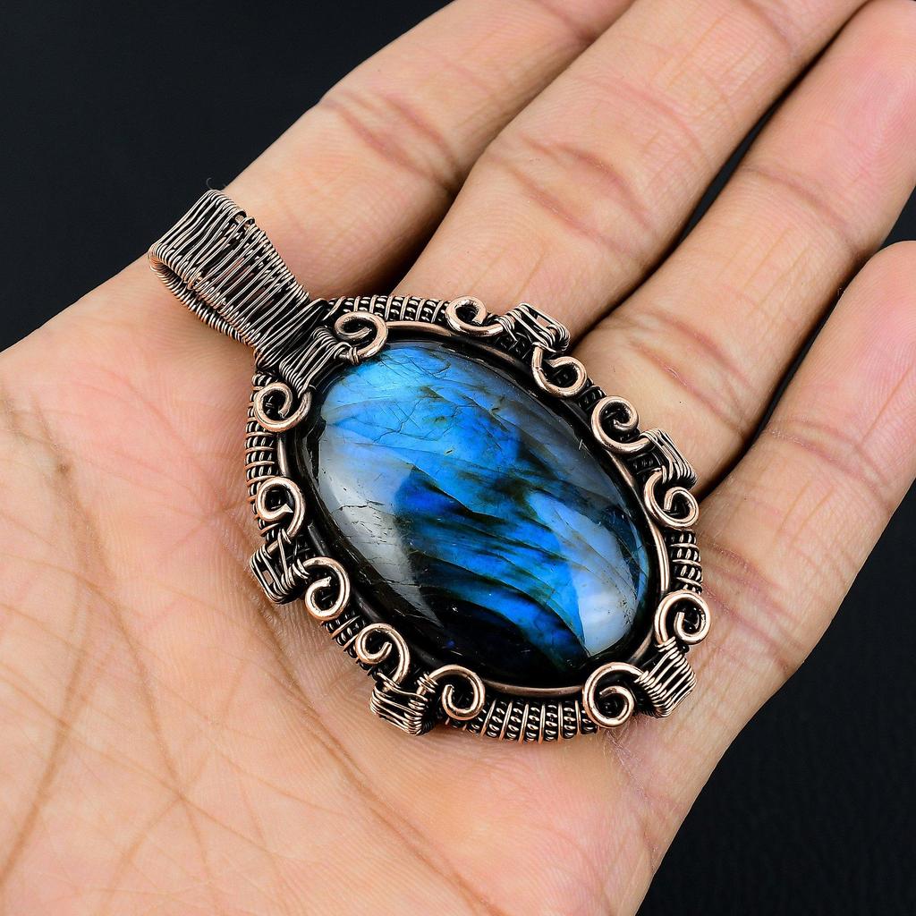 Labradorite Pendant, Handmade Gemstone 999 Copper Wire Wrapped Pendant Antique Jewelry, For Gift Silver Jewelry