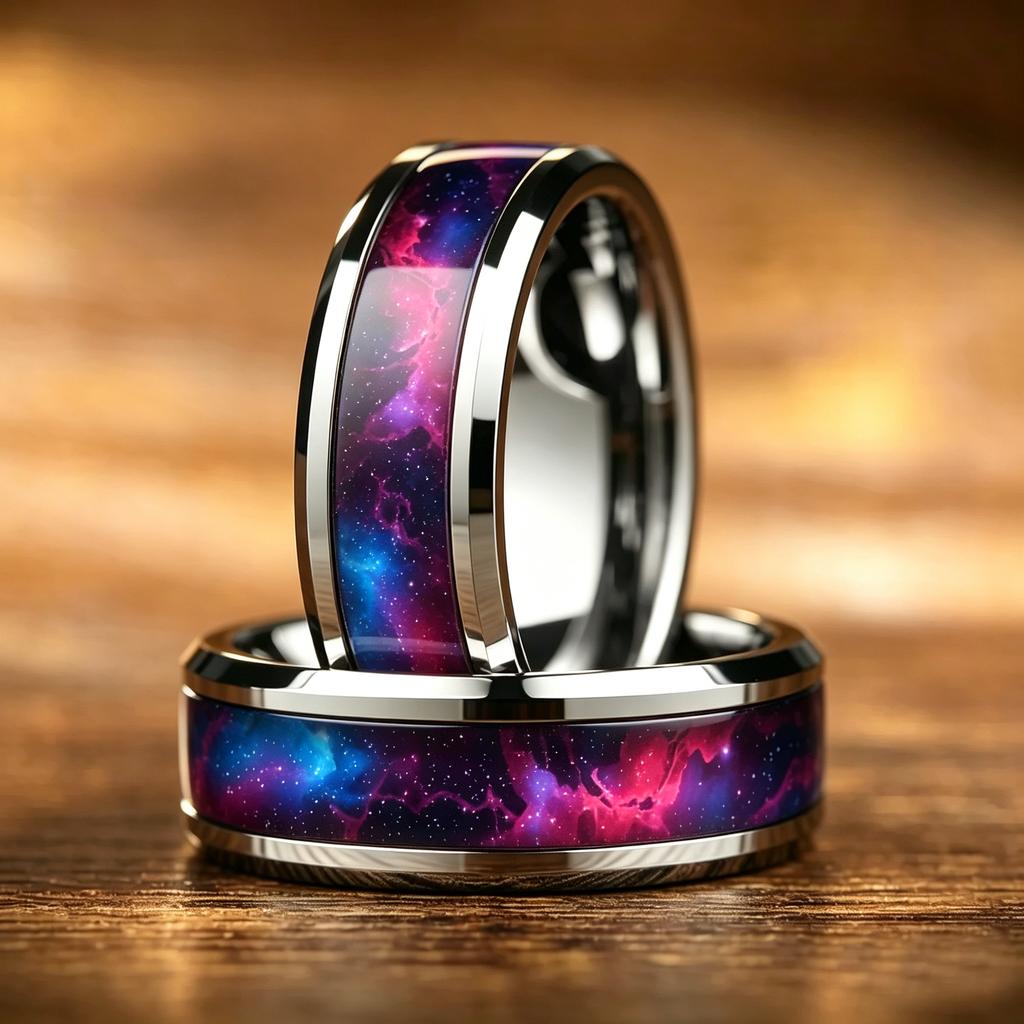 With Purple, Red, Blue Gradient Nebula Pattern Rings , 8mm Cosmic Starry Sky Stainless Steel Men Ring, Wedding Band Jewelry