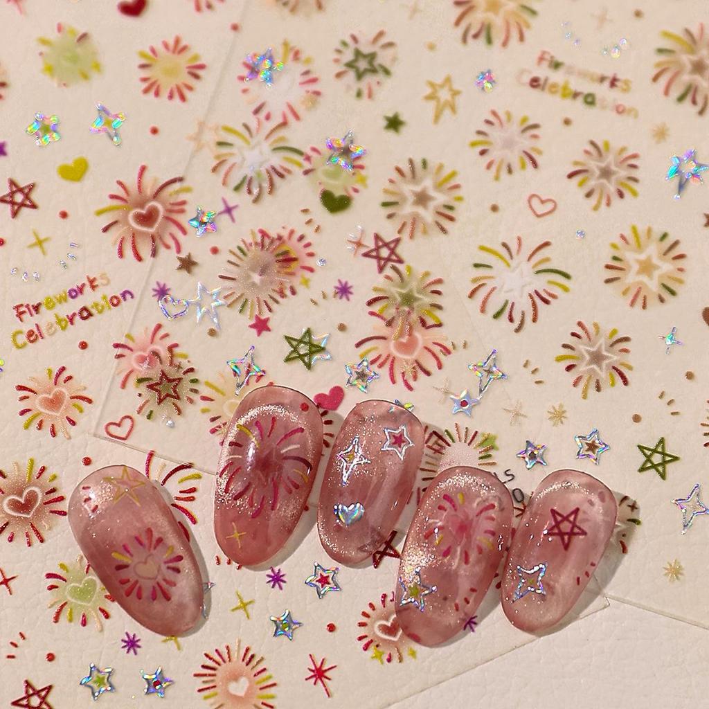 New Year Firework & Gradient Nail Art Stickers - Stars, Hearts & Light Waves