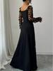 Cross-border Spring/Summer Mesh Long Sleeve Evening Gown with Waist-Cinching Slit and 3D Floral Design for Banquets